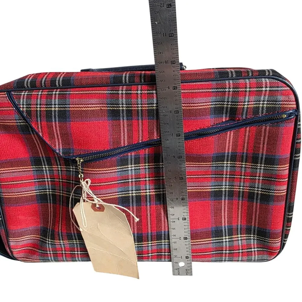 Vintage Red Plaid Travel Suitcase Carry On Luggage Train Case Locking
